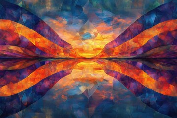 Aufkleber - Abstract sunset landscape reflected in water, depicted in vibrant stained-glass style.