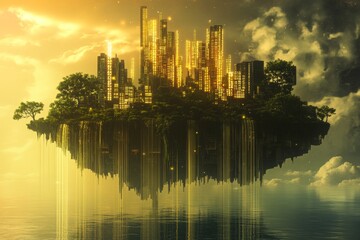 Poster - Futuristic Floating Island City with Illuminated Skyscrapers and Lush Greenery Reflecting on Water
