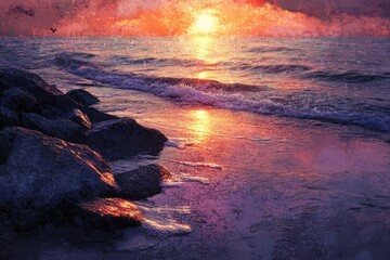 Poster - Serene sunset over the ocean, waves gently lapping on rocky shore.