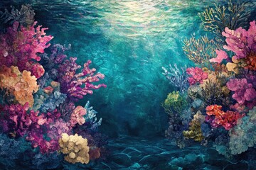 Poster - Vibrant underwater scene showcasing a diverse coral reef ecosystem with colorful corals and marine life.