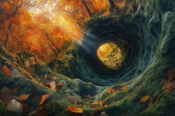 Poster - autumnal forest scene with a moss-covered, swirling tunnel leading into a sunlit clearing.
