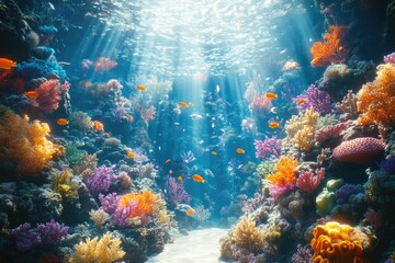 Poster - Vibrant coral reef teeming with colorful fish, bathed in sunlight.