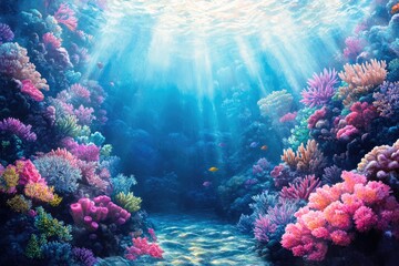 Poster - Vibrant coral reef teeming with life, bathed in sunlight, a breathtaking underwater scene.