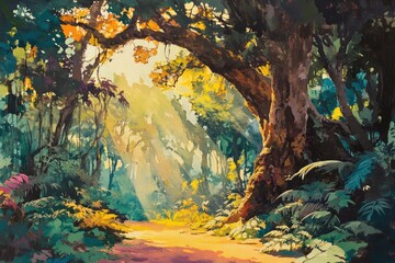 Poster - Sunlit path through a lush, vibrant jungle, with large trees and abundant foliage.