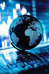 Poster - A modern globe in black and blue colors sits on a table surrounded by financial graphs and digital data, symbolizing global business and analysis.