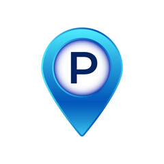 Poster - a blue location pin with a parking symbol, ideal for navigation and indicating parking spots.