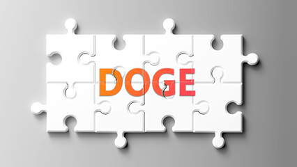 Aufkleber - Doge complex like a puzzle - pictured as word doge on a puzzle pieces to show that doge is complex and needs cooperating pieces that fit together. ,3d illustration