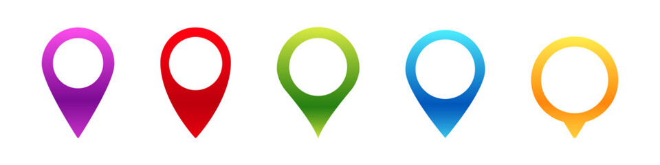 Poster - Five vibrant location pins display a variety of colors, ideal for illustrating navigation or mapping.