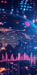 Poster - Stunning global digital network visualization showcasing data analytics over a dark background, highlighting technological connectivity and modern trends.