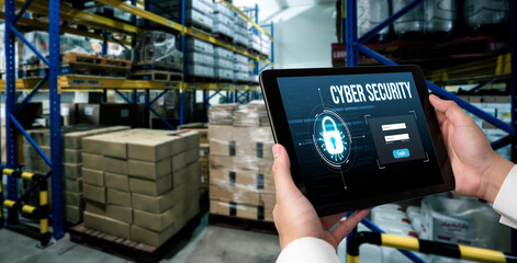 Poster - cyber security system on computer screen protect private information snugly from hacker and cyber at