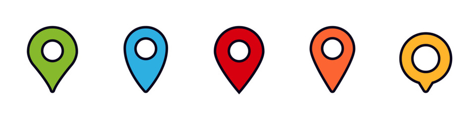 Poster - Five colorful location markers are shown, each in a distinct shape and color combination.