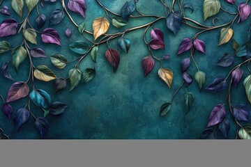 Poster - A whimsical arrangement of colorful leaves on a teal textured background, creating a dreamy, artistic composition.