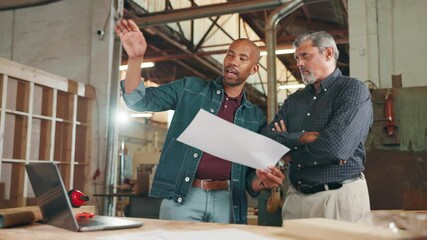 Aufkleber - Carpentry, documents and men in workshop in meeting for furniture production, teamwork and planning. Construction, factory and people in discussion with blueprints for timber, lumber or manufacturing