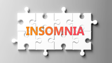 Aufkleber - Insomnia complex like a puzzle - pictured as word insomnia on a puzzle pieces to show that insomnia is complex and needs cooperating pieces that fit together. ,3d illustration