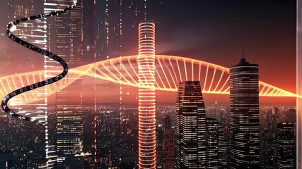 Poster - Data processing and dna visualization over an urban skyline during sunset, dna strand and data processing over cityscape
