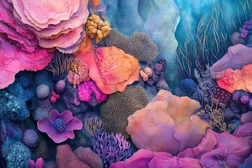 Poster - Vibrant coral reef teeming with life, showcasing diverse textures and colors in an underwater paradise.
