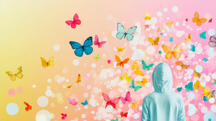 Aufkleber - Colorful butterflies surround a silhouetted figure in a vibrant, dreamlike setting at sunset