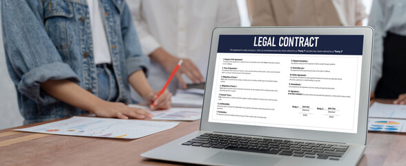 Poster - Digital legal contract provide terms and conditions document on computer screen ready for online digital signature for deal agreement of future business brisk