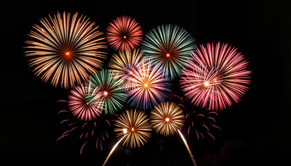 colorful fireworks exploding in night sky, celebration of joy