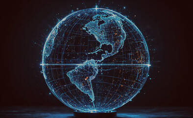 Poster - Globe with a blue and white design is lit up. The globe is surrounded by a dark background