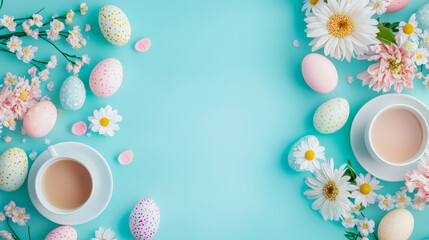 Poster - Celebrate spring with pastel eggs, flowers, and coffee in a bright and cheerful setting