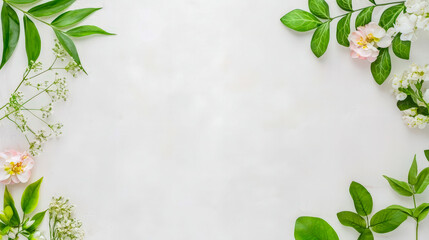 Aufkleber - Spring floral arrangement with green leaves and delicate blossoms on a light background in a tranquil setting