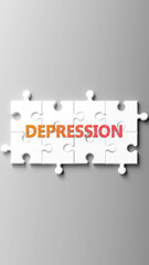 Aufkleber - Depression complex like a puzzle - pictured as word depression on a puzzle pieces to show that depression is complex and needs cooperating pieces that fit together. ,3d illustration