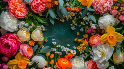 Poster - Colorful spring flowers arranged in a circular pattern on a dark background showcasing vibrant hues and delicate textures