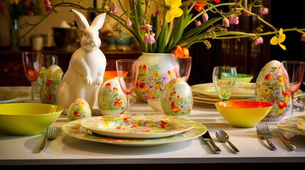 Poster - Elegant spring table setting featuring floral dishes and decorative bunny with colorful eggs