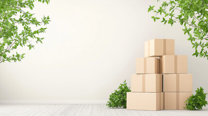 Fototapete - Stacked cardboard boxes surrounded by green plants in a minimalist indoor setting