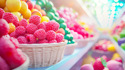 Poster - Baskets filled with ripe raspberries and various fruits showcase the freshness and colors in a lively market setting