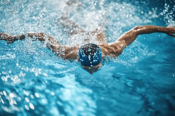 Poster - Person swims energetically in a pool, creating splashes amid vibrant blue green tones with room for text above