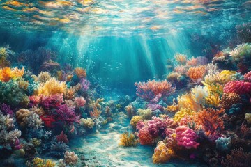 Poster - Vibrant coral reef teeming with life, bathed in sunlight filtering through the ocean's surface.