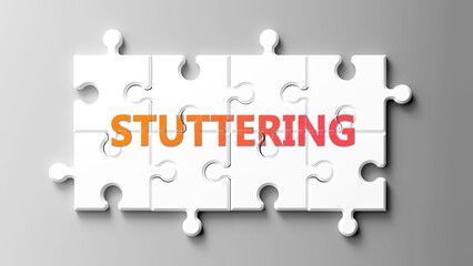 Aufkleber - Stuttering complex like a puzzle - pictured as word stuttering on a puzzle pieces to show that stuttering is complex and needs cooperating pieces that fit together. ,3d illustration
