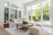 © Feel Fine - Elegant living room with large windows and modern furniture in a serene setting surrounded by greenery