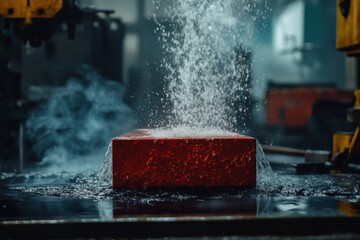 Aufkleber - Red hot metal billets immersed in water, creating clouds of steam in a busy workshop filled with tools and equipment
