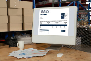 Poster - invoice on computer screen from accounting application. computer program for financial and budget of