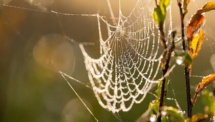 A close-up of a dew-covered spiderweb in the morning sun.