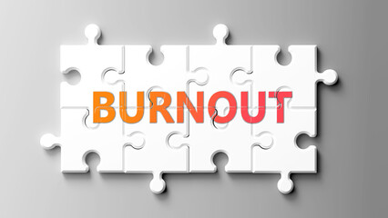 Poster - Burnout complex like a puzzle - pictured as word burnout on a puzzle pieces to show that burnout is complex and needs cooperating pieces that fit together. ,3d illustration