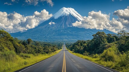 Poster - Beneath a vibrant blue sky, a prominent volcano towers over a winding road lined by verdant foliage. The majestic peak is capped with snow, inviting awe and adventure in nature's embrace