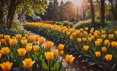 Poster - Path is lined with yellow tulips. The flowers are in full bloom and the sun is shining brightly on them. The scene is peaceful and serene, with the bright colors of the tulips creating a warm and