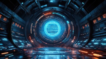 Fototapete - Futuristic digital portal sci-fi environment 3d render high-tech setting immersive viewpoint virtual concept