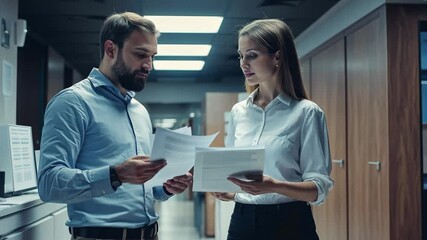 Poster - business professionals engage in document review and discussion in modern office setting, business p