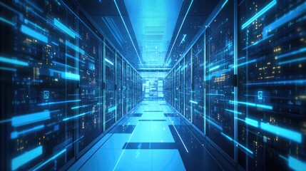 Poster - A futuristic data center with glowing blue lights and fast digital connections, representing AI, cloud computing, and cybersecurity. Ideal for tech and IT concepts