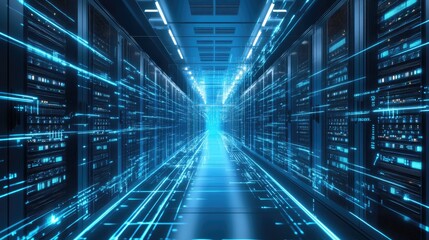 Poster - A futuristic data center with glowing blue lights and fast data transmission, symbolizing AI, cloud computing, and cybersecurity. Ideal for tech and IT concepts