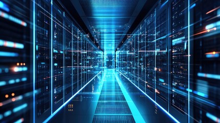 Poster - A futuristic data center with glowing blue lights and high-speed digital connections, symbolizing AI, cloud computing, and cybersecurity. Ideal for tech and IT concepts