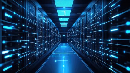 Poster - A futuristic data center with glowing blue lights and fast data connections, symbolizing AI, cloud computing, and cybersecurity. Ideal for tech and IT concepts