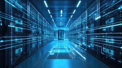 Poster - A futuristic data center with glowing blue lights and fast data streams, representing AI, cloud computing, and cybersecurity. Ideal for tech and IT concepts