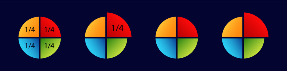Poster - Four pie charts displaying equal quarter segments in four colors arranged within circular shapes.