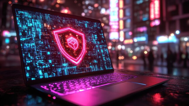 Cybersecurity awareness event showcasing technology innovations in urban setting at night with futuristic graphics